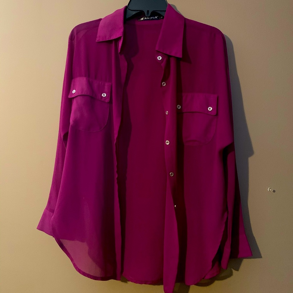 Women’s Allegra K sheer shirt in magenta.